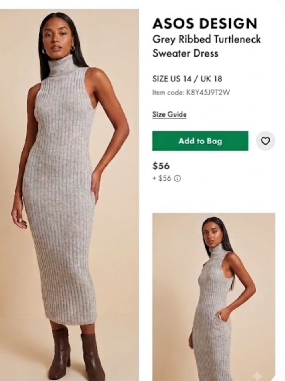ASOS Turtleneck Grey Midi Sweater Dress